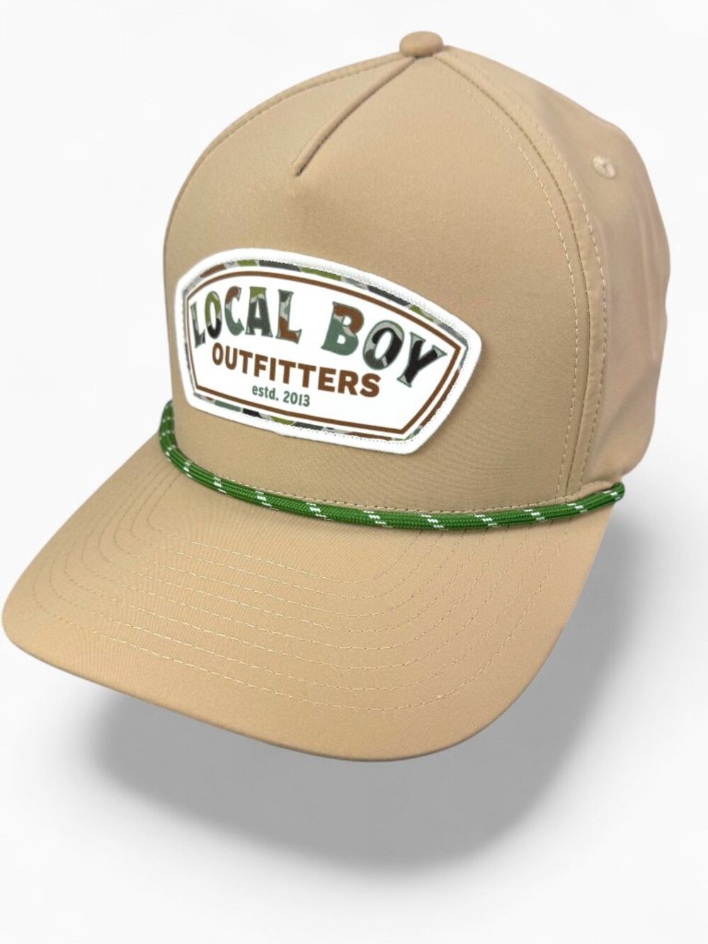 Local Boy Outfitters Tan High Profile Structured Rope Hat Green Cord Camo Patch
